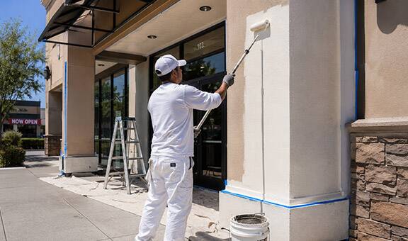 Jim is working on an exterior painting of a commercial building