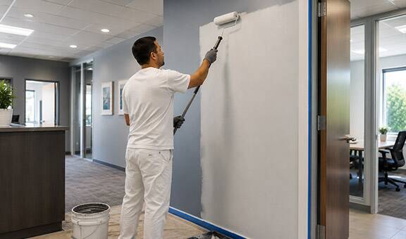 Mike is painting a wall in an office building