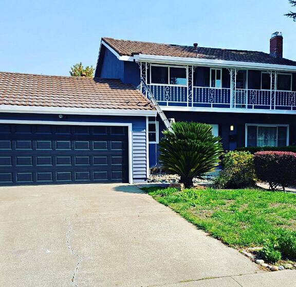 blue and dark blue paint with white trim, painted by our house painters in Walnut Creek